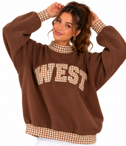 Custom <b>Women</b>’s <b>Christmas</b> Mock Neck <b>Sweatshirt</b> Oversized Drop Shoulder Gingham Plaid Patchwork Embroidery Winter Fleece - Product Image 3