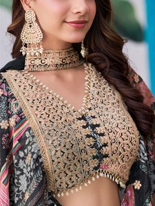 Bohemian Embroidered Silk <b>Lehenga</b> Set V-Neck Crop Top A-Line Floor-Length Skirt Black Pink Floral Print Classic Lace-Up Back - Product Image 5