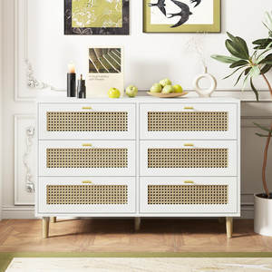 Commode Boho en bois naturel avec tiroirs en rotin pour chambre à coucher - Product Image 1