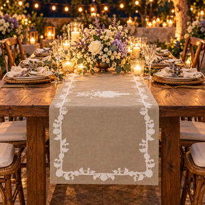 Chemin de table élégant en lin naturel brodé de motifs floraux, style vintage, avec feuilles blanches, pour mariages et dîners - Product Image 3