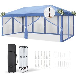 Tenda a Baldacchino Istantanea Blu 10x20 ft con 6 Pannelli in Rete, 2 Porte, 4 Lati in Rete, Telaio in Ferro Verniciato a Polvere, Gambe 28/22mm, 10-20m - Product Image 1