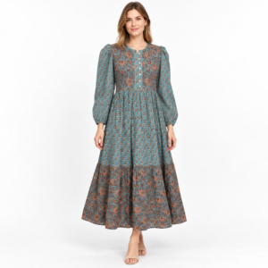 Vestido Maxi Bohemio para Mujer, Manga Larga, Estampado Floral, Corte en A, Escalonado, Cintura Natural, Casual, con Botones, Ecológico, para Otoño - Product Image 2