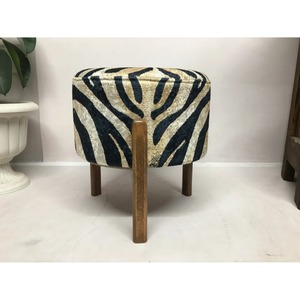 Round Fabric <b>Pouf</b> With Zebra Print Pattern Wooden Legs Modern Living Room Decor - Product Image 3