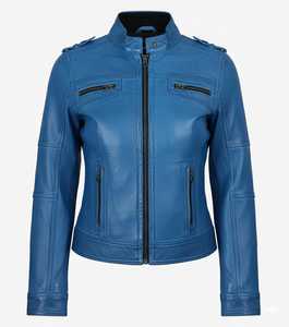 Chaqueta de Motociclista de Cuero PU Azul para Hombre, Cuello Alto, Cierre de Cremallera, Corte Ajustado, Largo Regular, Color Sólido, Estilo Otoñal - Product Image 1