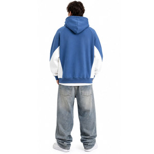 Sweat-shirt à capuche décontracté pour homme, bleu et blanc, à blocs de couleur, manches raglan, motif gaufré, coupe oversize, pour l'automne - Product Image 4