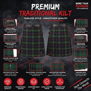 Men's Macleod Harris Modern Scottish Tartan Kilt Traditional Green Blue <b>Red</b> Plaid Pleated Kilt with <b>Belt</b> - Product Image 6