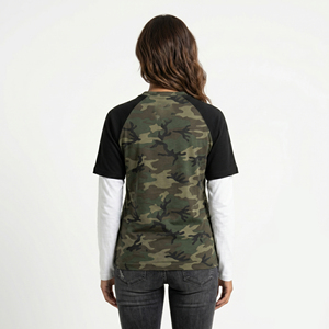 T-shirt camouflage à double manche pour femme, col rond, décontracté, patchwork, léger - Product Image 2