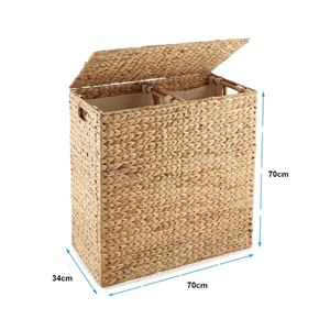 Natural Double Oval Water Hyacinth Laundry <b>Basket</b> with Lid, 2-Section <b>Hamper</b> With Soft Cotton Liner, Wholesale From Vietnam - Product Image 2