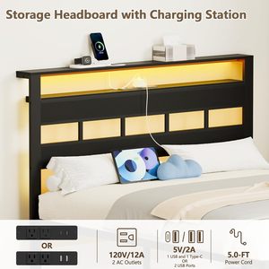 Cadre de lit en métal rembourré taille Queen avec tête de lit éclairée par LED, lit moderne noir et blanc, mobilier de chambre à coucher en gros - Product Image 1