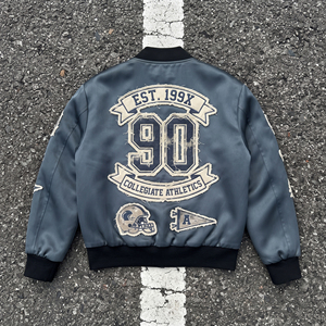 Blouson Bomber Vintage Homme avec Broderie Personnalisée, Boutons Corne, en Satin, Style Universitaire Hiver, 100% Soie, Style Moto & Biker - Product Image 2