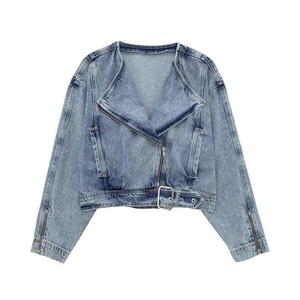 2026 Zipper <b>Fly</b> <b>Jacket</b> OemCustom New <b>Women's</b> Vintage Washed Denim <b>Jacket</b> With Zipper Motorcycle <b>Jacket</b> Crop Top for <b>Women</b> - Product Image 1