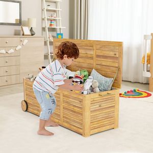 Cassapanca da Esterno in Legno con 2 Ruote e Maniglia Laterale, Soluzione di Stoccaggio Mobile per Patio - Product Image 2