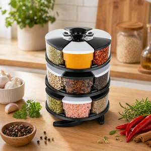 3 Layer Rotatable Spice <b>Rack</b> Kitchen Organizer with Plastic Storage Containers 360° Revolving Spice Box Space Saving Design - Product Image 1
