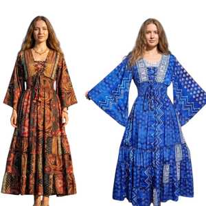 HOT SELLING WOMEN <b>SILK</b> FRILL DFRESS bohemian-style long <b>maxi</b> <b>dresses</b> with tiered skirts and flared sleeves. - Product Image 1