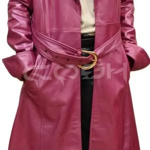 Manteau trench long rose en cuir véritable pour femme, style OEM, avec ceinture à boucle |   Manteau long sur mesure - Product Image 3