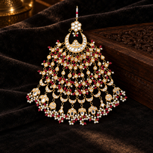 Jhumar nupcial estilo Kundan chapado en oro con cuentas rojas y perlas de imitación, joyería para el cabello pakistaní, suministro al por mayor de fábrica - Product Image 6