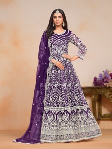 Traje Anarkali Moderno Bordado en Tela de Red, Semi-Cosido, para Bodas y Fiestas Diwali, Largo hasta el Suelo - Product Image 2