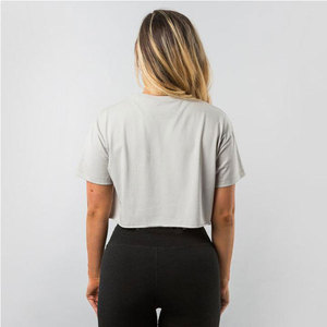 Haut court gris pour femme, manches courtes, col rond, couleur unie, tricoté, respirant, en coton, pour le printemps et l'été - Product Image 2