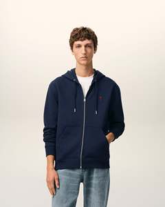 Men's <b>Navy</b> Blue Hooded Zip-Up <b>Sweatshirt</b> Regular Fit Cotton Knitted Solid Color Casual Autumn Wear Front Logo Pocket Design - Product Image 6
