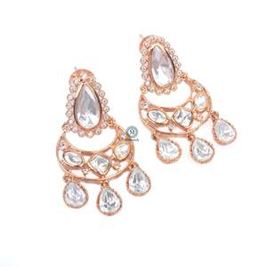 Inaya Polki Designer Chandelier Earrings-Gold Plated Ethnic Vintage Flower with Pearl Diamond & Jade for Party & Wedding - Product Image 5