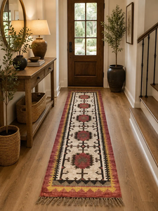 Tapis de couloir en laine et jute tissé à la main, rouge, ivoire, noir, motif géométrique tribal, kilim, bohème, style sud-ouest, avec franges, sur mesure - Product Image 2