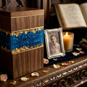 Blue Resin Wood Cremation <b>Urn</b> <b>Ashes</b> Memorial Keepsake Box Modern Adult Burial <b>Urn</b> <b>for</b> Remembrance - Product Image 1