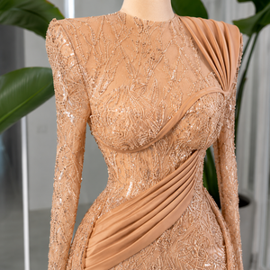 Vestido de Noche Recto de Satén con Adornos de Diseñador de Lujo para Mujer, Elegante, de Manga Larga, para Fiesta, Largo hasta el Suelo, Premium Natural - Product Image 3