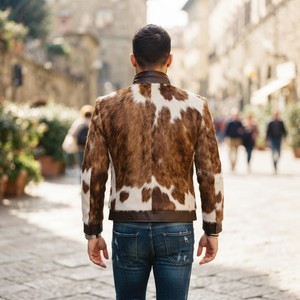Cowhide Hair Leather <b>Bomber</b> <b>Jacket</b> Plaid Pattern Breathable Design Premium Craftsmanship <b>Men's</b> <b>Summer</b> Casual OEM Service - Product Image 4