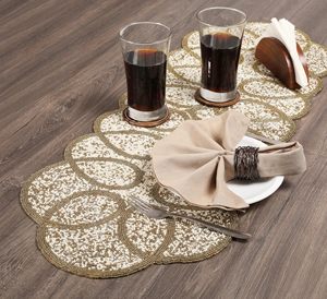 Classic Woven Table Runner Beaded Pattern Gold Cream Linen Home Decor Washable Hand Wash - Product Image 4