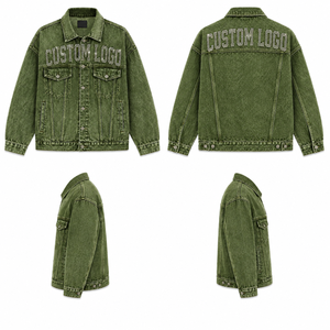 Veste en jean vert olive personnalisée avec logo en strass, veste de mode personnalisée - Product Image 5