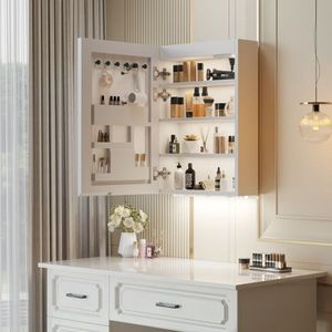 Moderno Armadietto a Specchio LED 20x28 in Truciolato Bianco con Cornice in Acrilico, 1 Porta, 4 Ripiani, Display Ora e Temperatura - Product Image 1