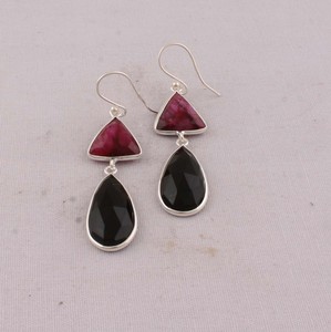 Boucles d'oreilles en zoïsite rubis naturel et onyx noir, en argent sterling 925, facettées, multi-pierres, pendantes, faites à la main, bijoux en gros - Product Image 2