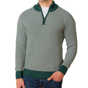 Pull en tricot géométrique vert et blanc pour homme, col zippé 1/4, coupe classique, automne, décontracté, 100% acrylique - Product Image 1