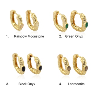 Classic rose cut oval multi gemstone Bezel Set hammered texture hoop earrings 18k gold plated brass handmade jewelry For Women - Product Image 1