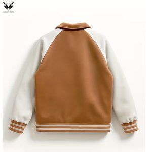 Blouson Teddy en Cuir PU Chaud pour Femme 2026, Marron et Blanc, Manches Brodéées avec Logo, Col Rabattu, Manches Longues, Vêtement d'Hiver - Product Image 2
