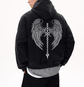 Unisex Y2K Acid Wash <b>Gothic</b> Graphic <b>Hoodies</b> Oversize Grunge Skull Wing Print Sweatshirt Casual Fit Pullover - Product Image 3