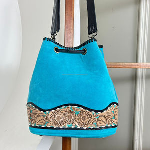 Wholesale New Fashion Ladies <b>Boot</b> Stitch Hand Tooled Leather Bucket Bag Women's High Quality Genuine Suede Leather Crossbody Bag - Product Image 5