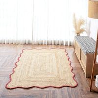 Luxuriöser, umweltfreundlicher, 100 % natürlicher Jute-Teppich, handgeflochten, Boho-Stil, rot, mit Wellenrand, als Läufer, Fußmatte oder Gebetsteppich für die Heimdekoration