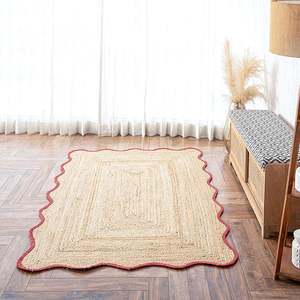 Tapis Bohème de Luxe Écologique 100% Jute Naturelle Tressé à la Main, Rouge, à Bordures Festonnées, Tapis de Couloir, Paillasson, Tapis Festonnés, Décoration Intérieure, Utilisation pour la Prière - Product Image 1