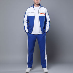 <b>Men's</b> Blue White Color Blocking Track Suit Set Turn-Down Collar Zip-Up <b>Jacket</b> Pants Breathable Knitted <b>Men's</b> Windbreaker Sets - Product Image 1