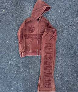 Ensemble survêtement homme grande taille avec sweat à capuche et pantalon, imprimé lettres en relief, en molleton, décontracté, pour l'automne, gris - Product Image 2