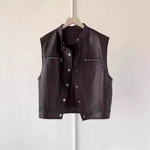 VIBE SEWN - Blusa sin mangas de cuero genuino y lona para mujer, estilo gótico, corte ajustado, cuello en V largo, doble botonadura - Product Image 5