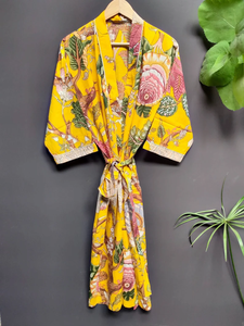 Bata Kimono de Algodón Suave con Estampado de Bloques y Dibujos Animados Naaz para Mujer, Camisón de Verano Hecho a Mano ODM con Cuello en V, Cintura Elástica y Largo hasta la Rodilla - Product Image 5