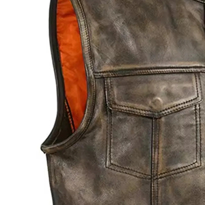 <b>Men's</b> Plus Size <b>Leather</b> Moto Biker <b>Vest</b> with Turn-down Collar and Pockets Washed Solid Color Breathable Winter Outerwear - Product Image 6