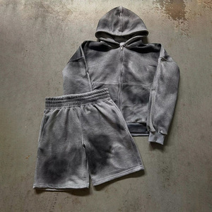 Conjunto de Sudadera con Capucha y Pantalones Cortos Unisex 100% Algodón, Lavado Ácido, Oversize, Antiarrugas, con Cremallera, Personalizable con Logotipo, Chándal para Hombre - Product Image 1
