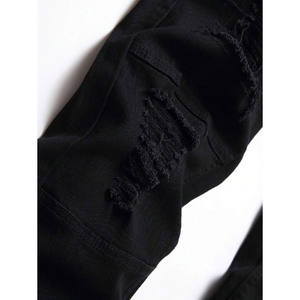 Men's Straight Fit <b>Black</b> Ripped Denim Jeans Mid Waist Casual Cotton <b>Pants</b> Button Fly Distressed Style Autumn Wear - Product Image 3