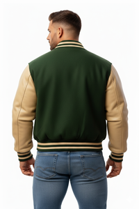 Blouson Bomber Unisexe Personnalisable Lettre R Vert & Beige Style Letterman avec Patch Chenille Logo Avant Imperméable pour Branding d'Équipes - Product Image 5