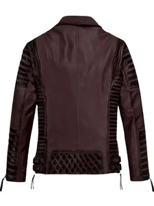 เสื้อแจ็คเก็ตหนังสีแดงเบอร์กันดีสำหรับผู้ชายสไตล์ไบค์เกอร์ - Product Image 2