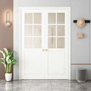 Portes en verre clair à double battant, 6 panneaux, verre transparent, porte intérieure française, âme pleine, pré-fini, panneau unique, 24x80 pouces - Product Image 1