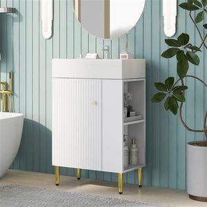 Mobile bagno bianco da 21,6 pollici in legno massello e PVC con specchio LED, mobiletto e lavabo singolo in ceramica, con vano contenitore a destra - Product Image 1